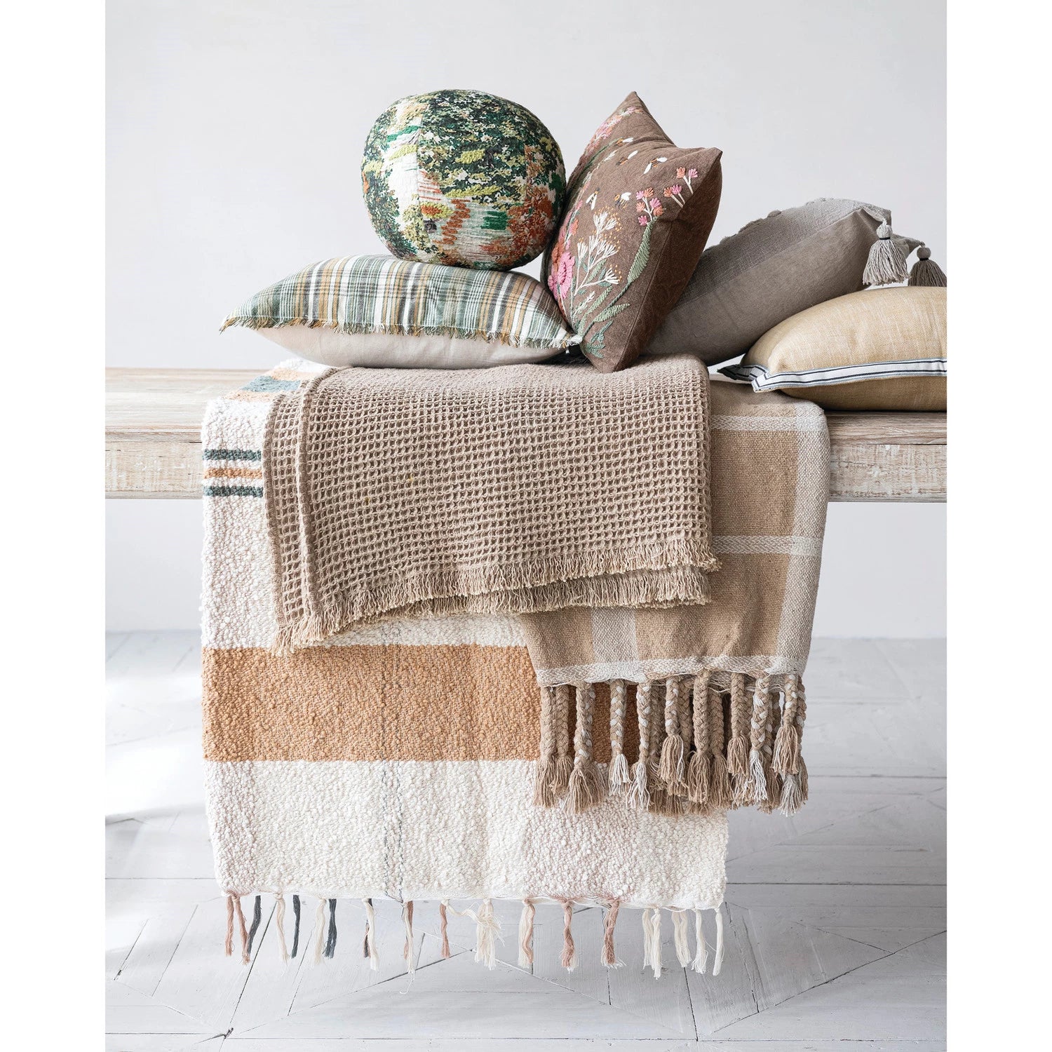 Square Woven Cotton Pillow with Striped Flange Edge