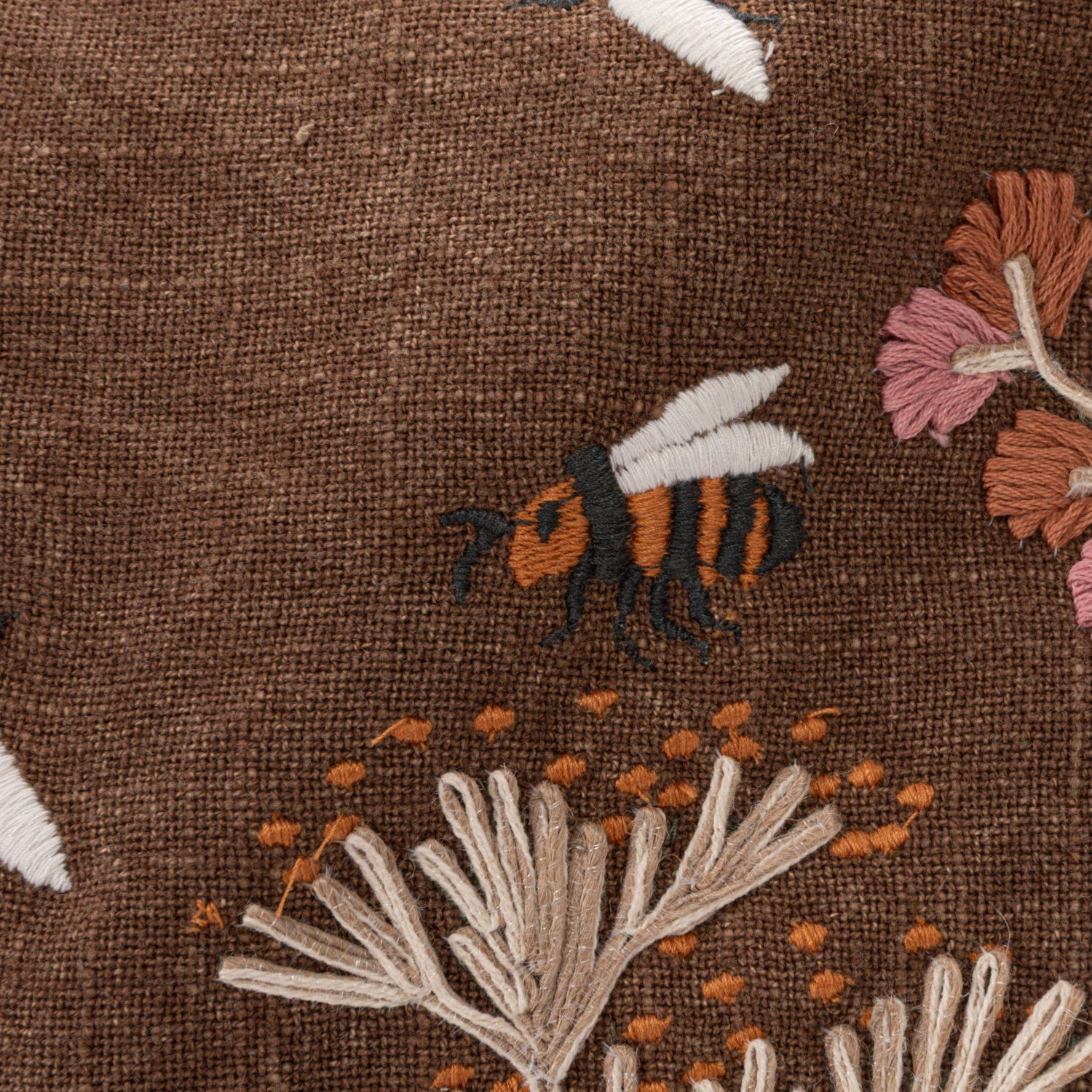 Stonewashed Cotton Slub Lumbar Pillow with Hand-Embroidered Flowers & Bees