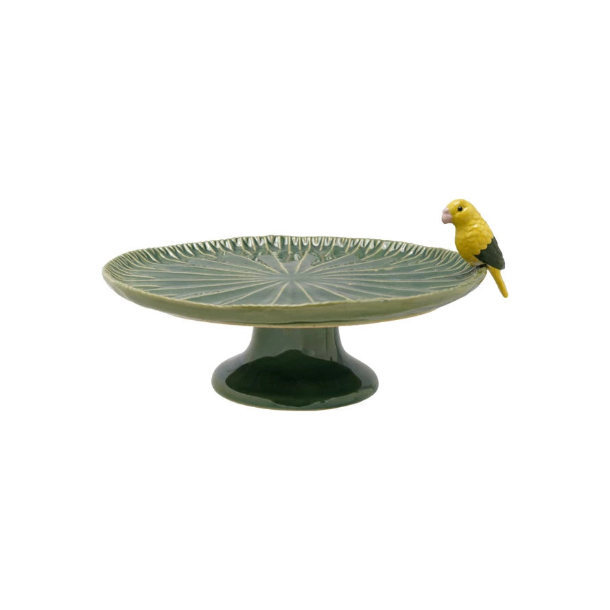 Stoneware Pedestal with 3D Bird, Green & Yellow