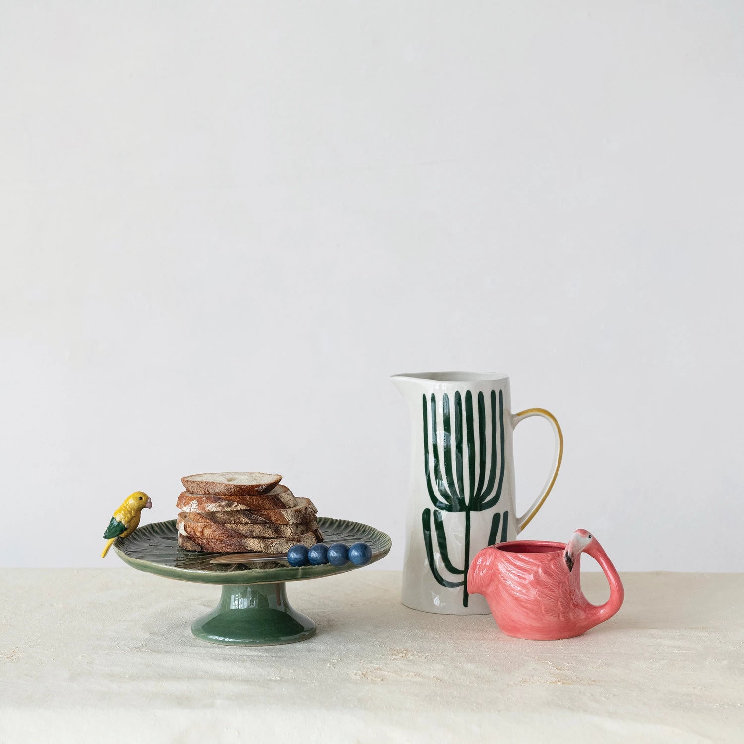 Stoneware Pedestal with 3D Bird, Green & Yellow