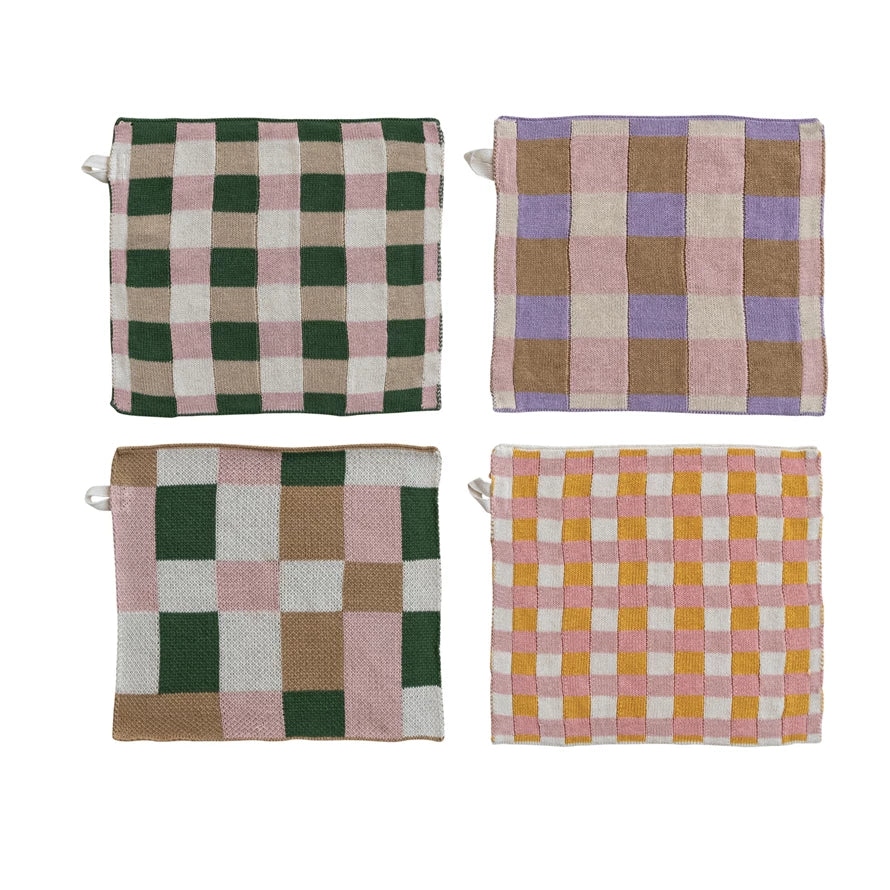 Cotton Knit Dish Cloth with Check/Plaid Pattern, 4 Styles