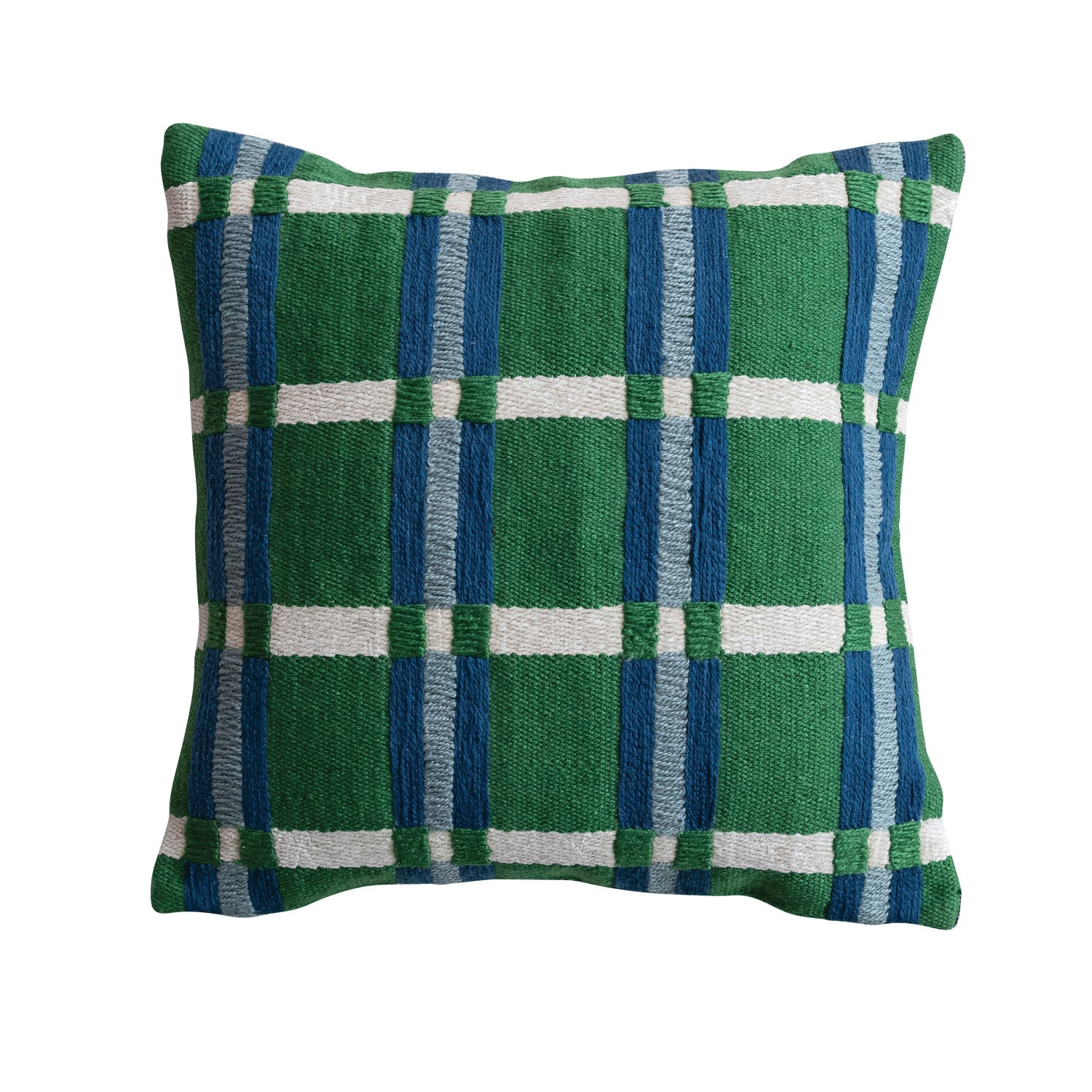 18" Square Woven Fabric Indoor/Outdoor Pillow with Embroidery & Plaid Pattern