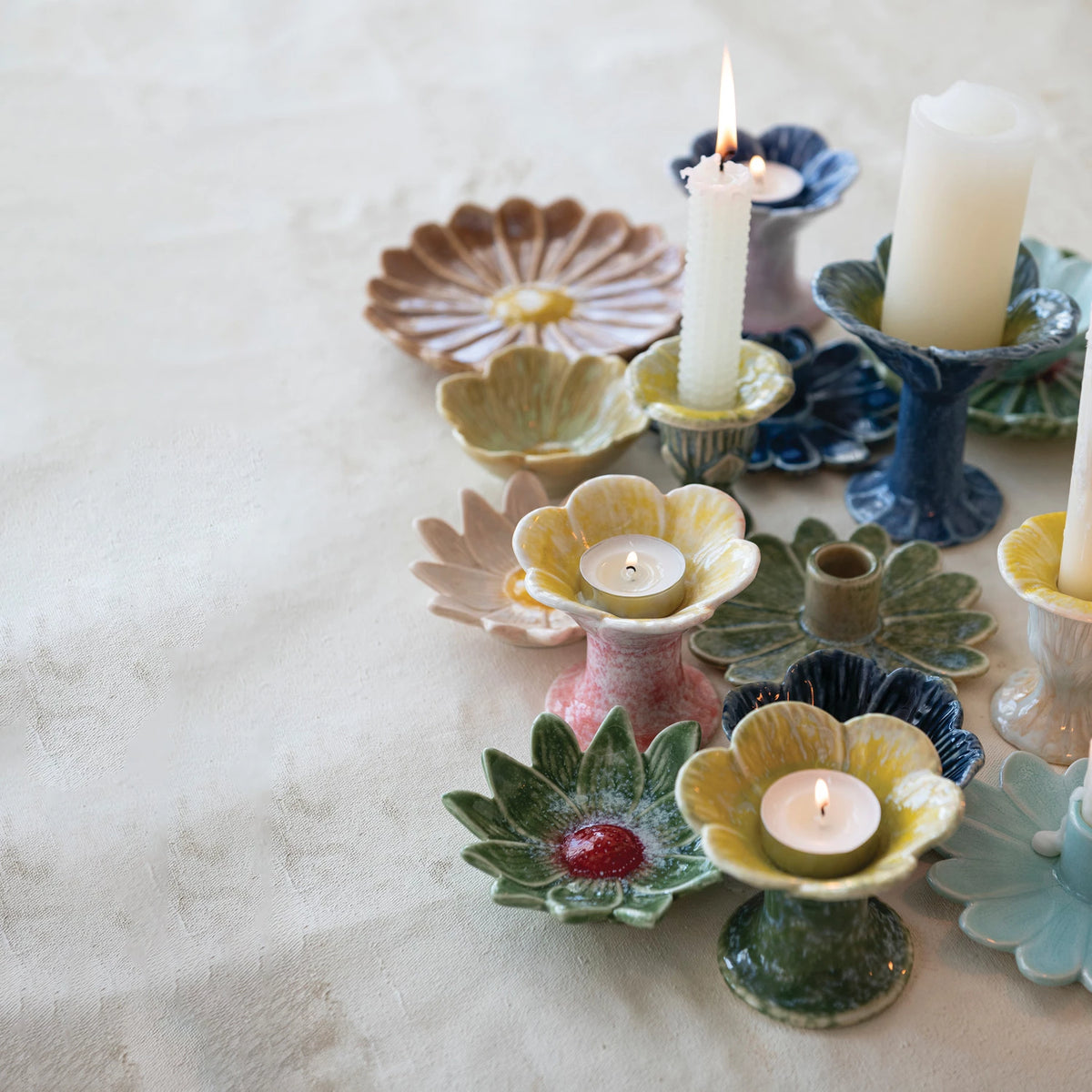Stoneware Flower Shaped Footed Tealight Holder, 3 Styles