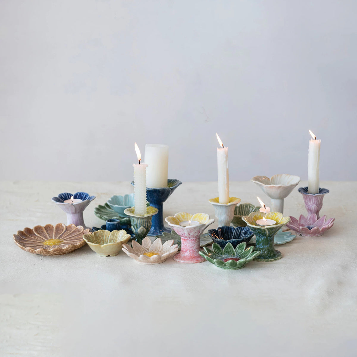 Stoneware Flower Shaped Footed Tealight Holder, 3 Styles