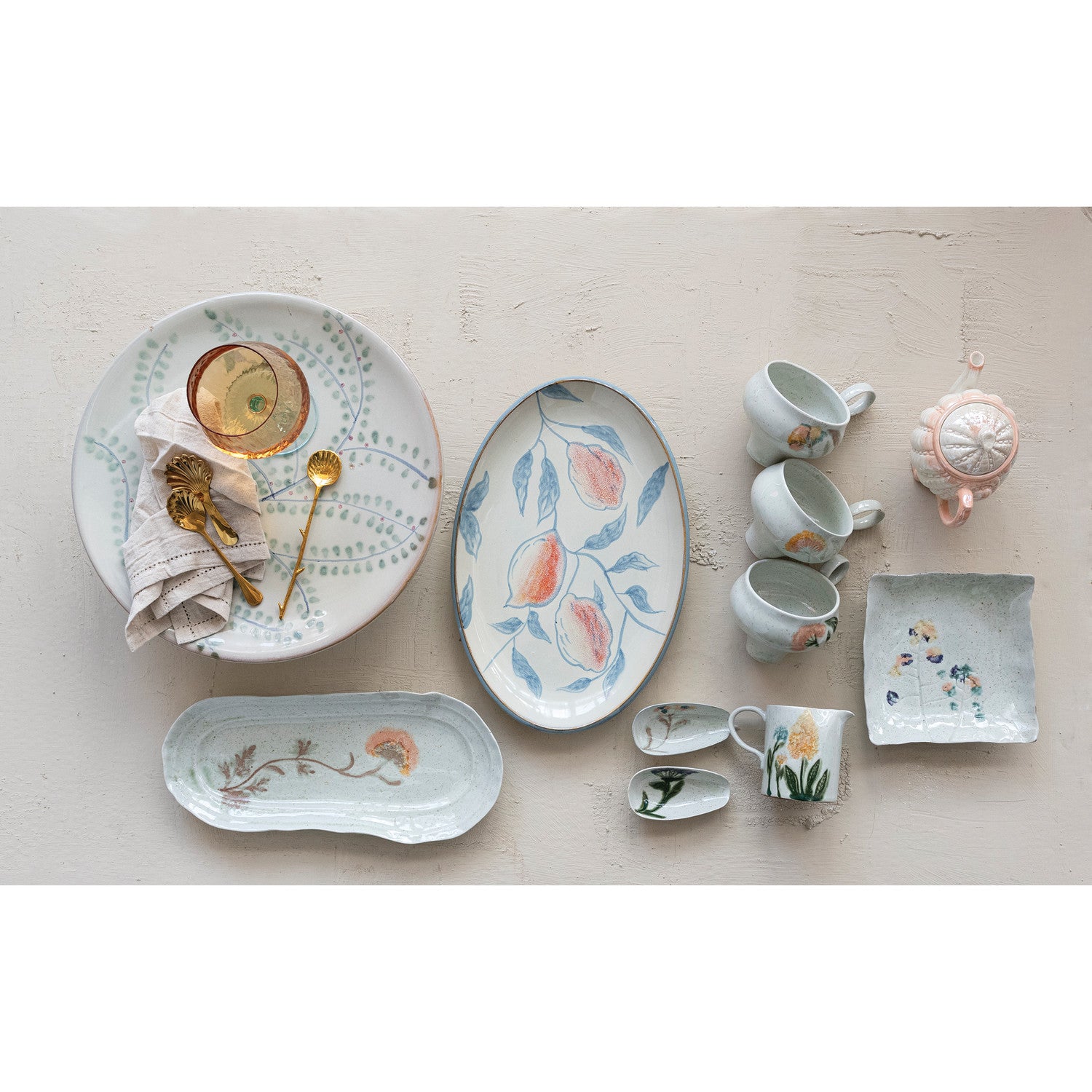 Hand-Painted Stoneware Dish with Flowers, 2 Styles
