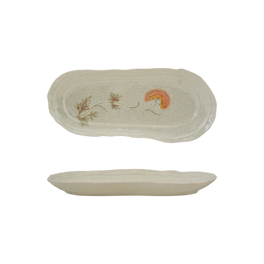 Hand-Painted Stoneware Organic Shaped Platter with Flowers