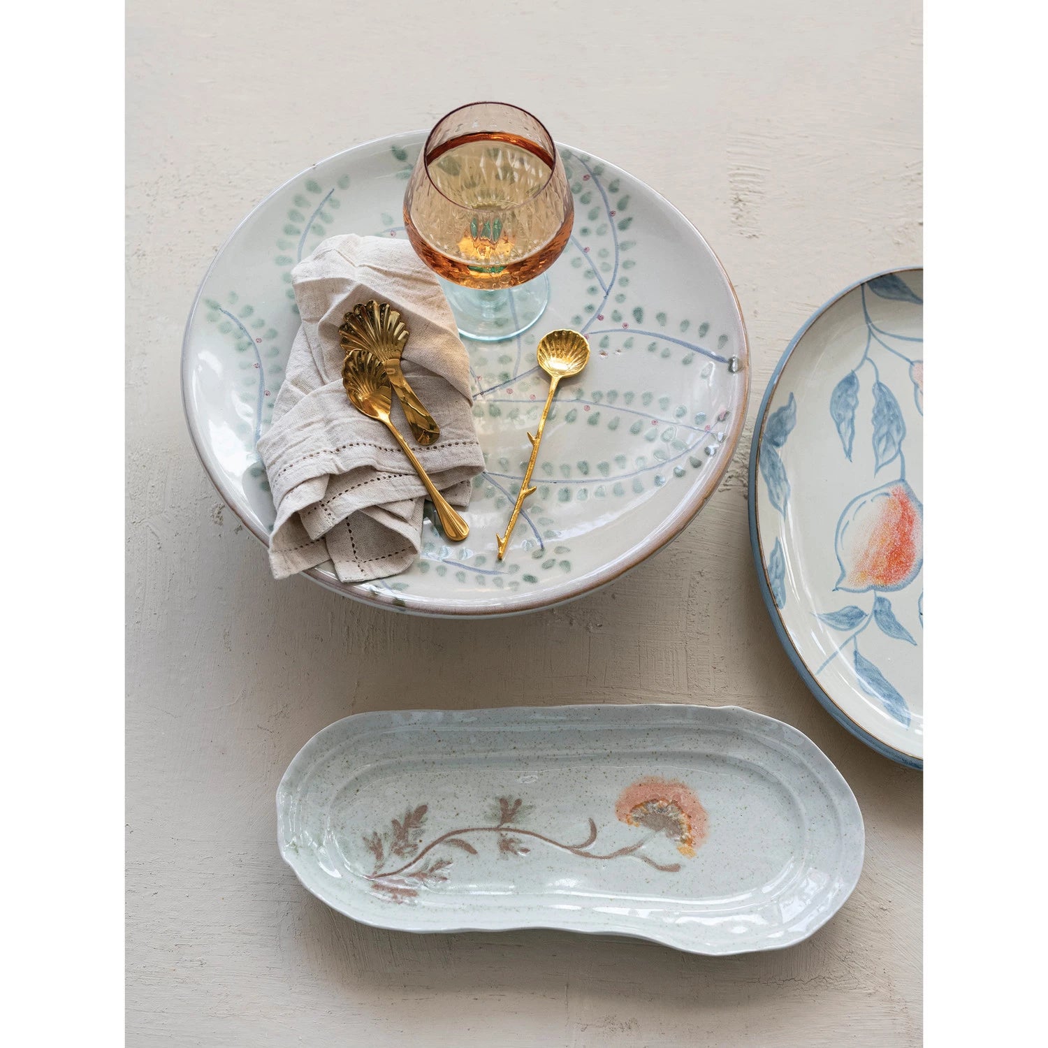 Hand-Painted Stoneware Organic Shaped Platter with Flowers