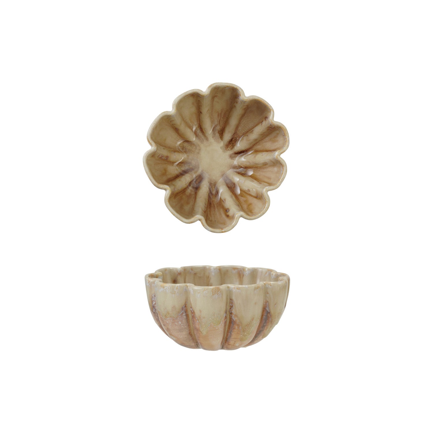 Stoneware Fluted Scalloped Bowl, Reactive Crackle Glaze, Brown (Each One Will Vary)