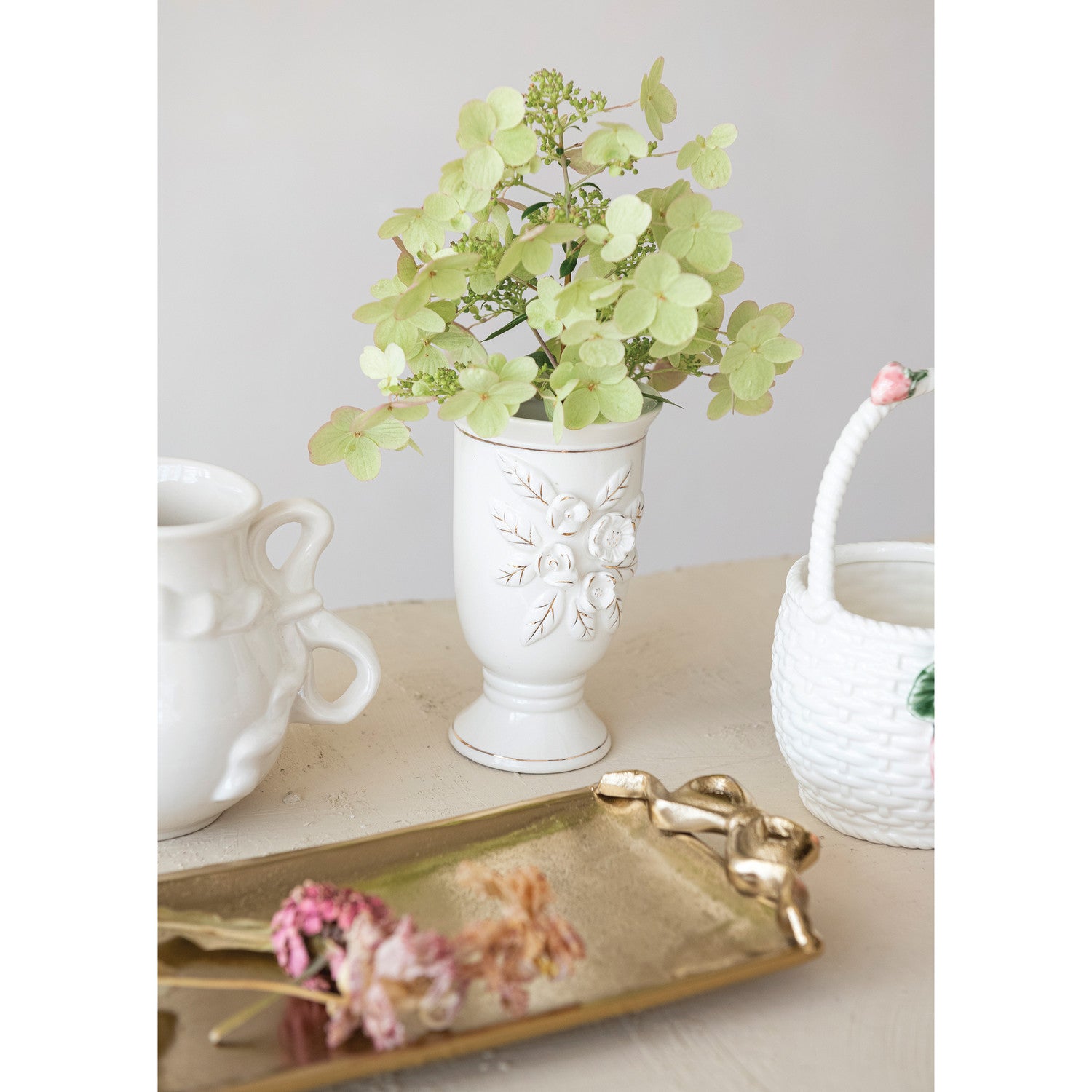 Stoneware Vintage Reproduction Footed Vase with 3D Flowers & Gold Electroplating, White