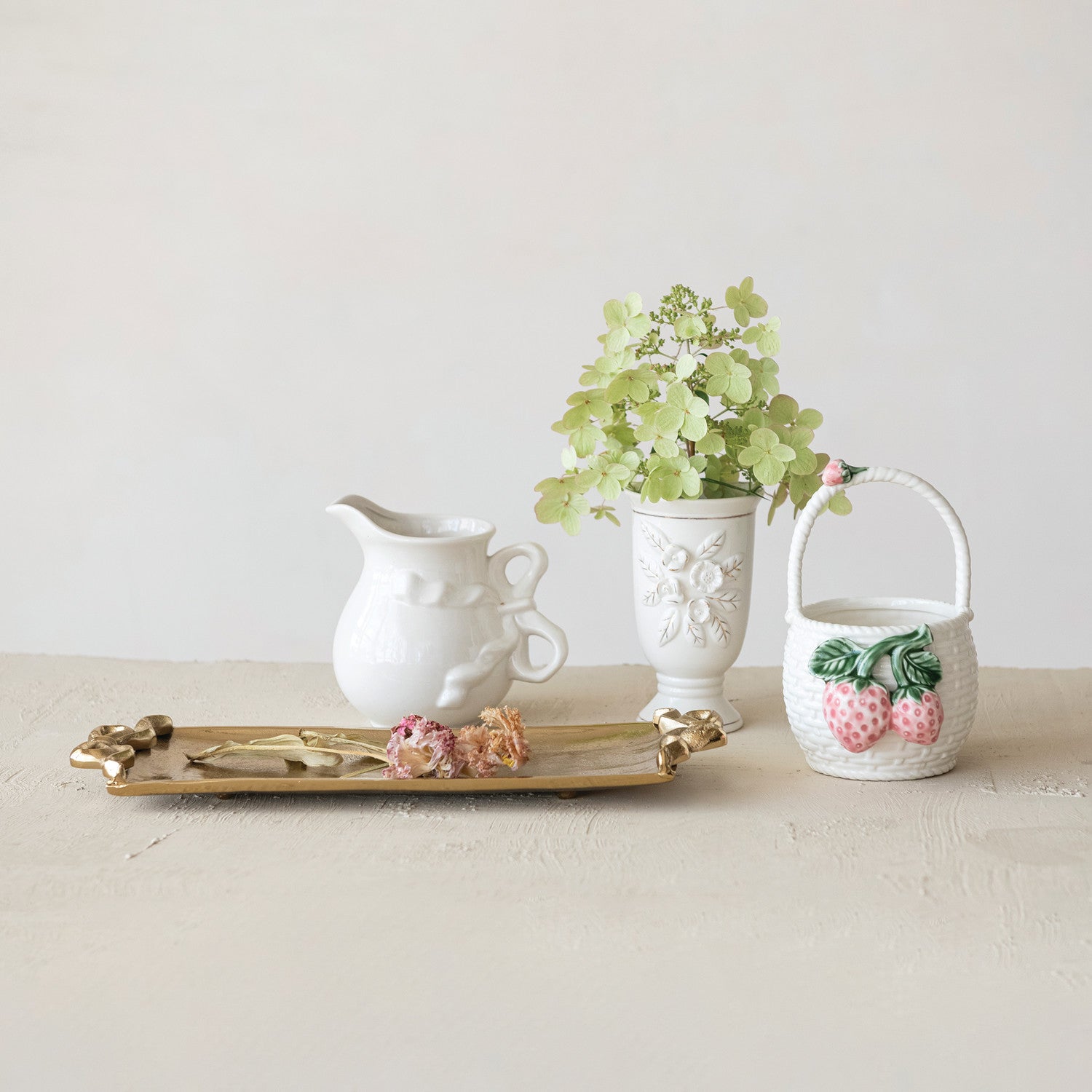 Stoneware Vintage Reproduction Footed Vase with 3D Flowers & Gold Electroplating, White