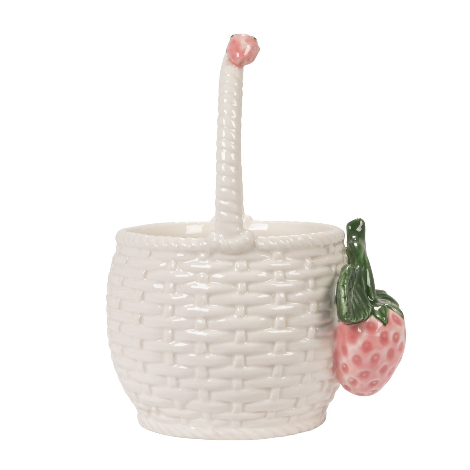Stoneware Basket Shaped Container with 3D Strawberries & Handle, White, Green & Pink