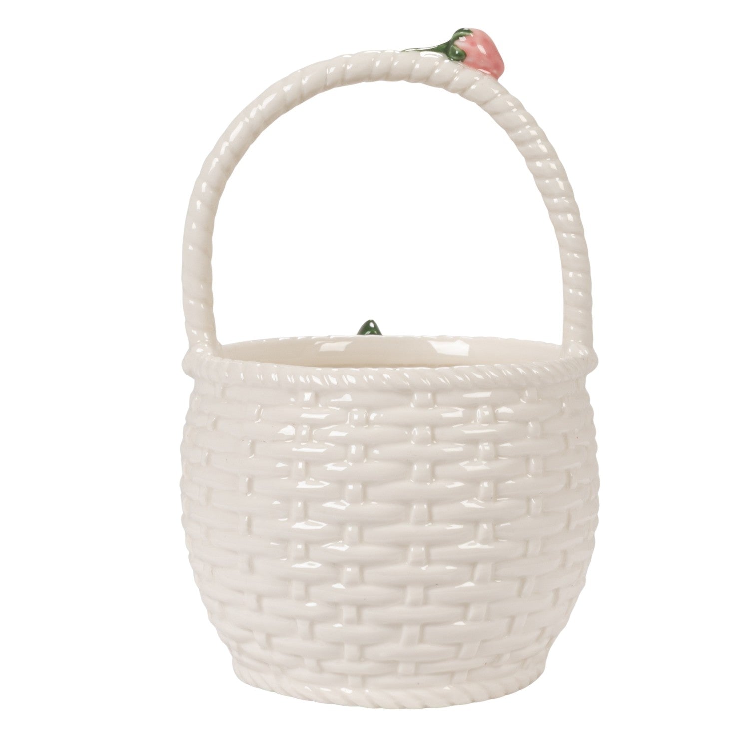 Stoneware Basket Shaped Container with 3D Strawberries & Handle, White, Green & Pink