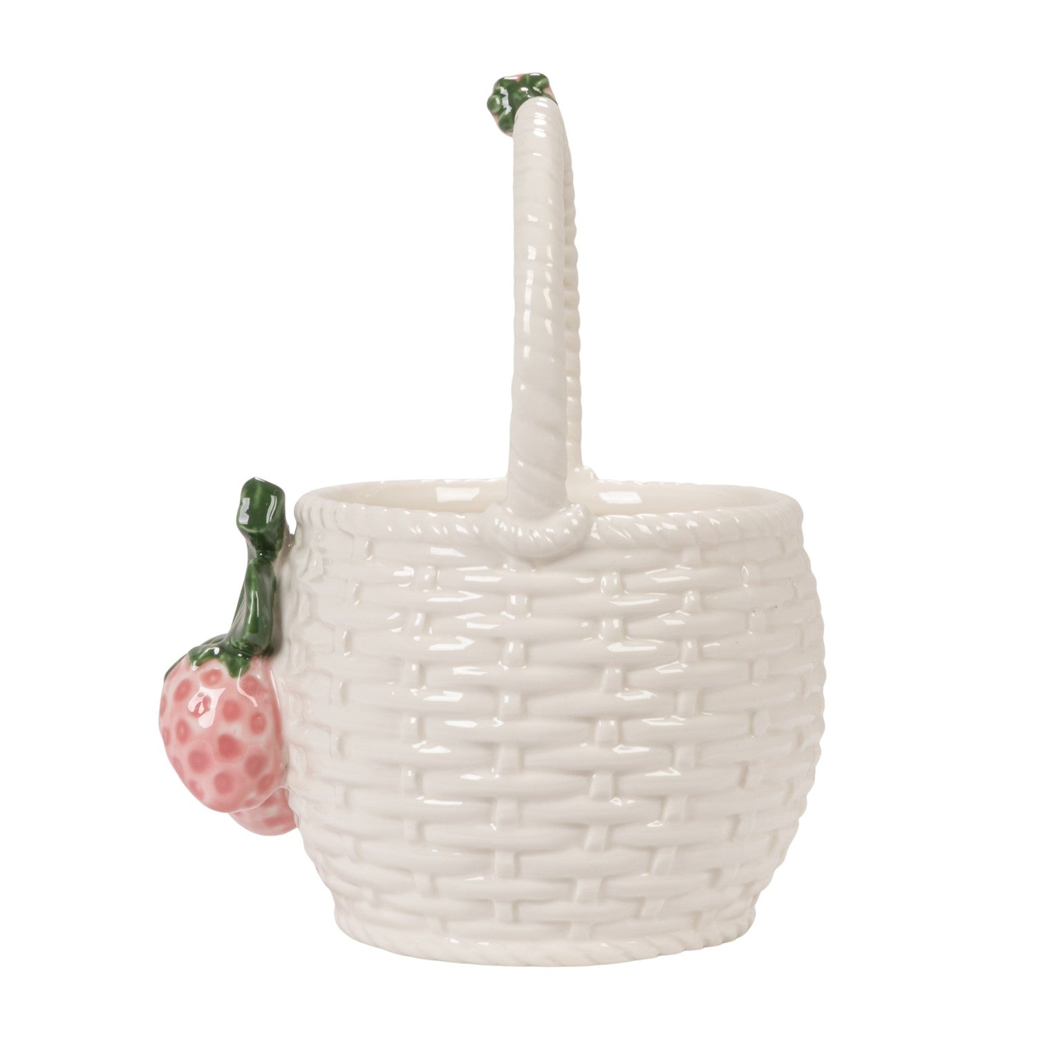 Stoneware Basket Shaped Container with 3D Strawberries & Handle, White, Green & Pink