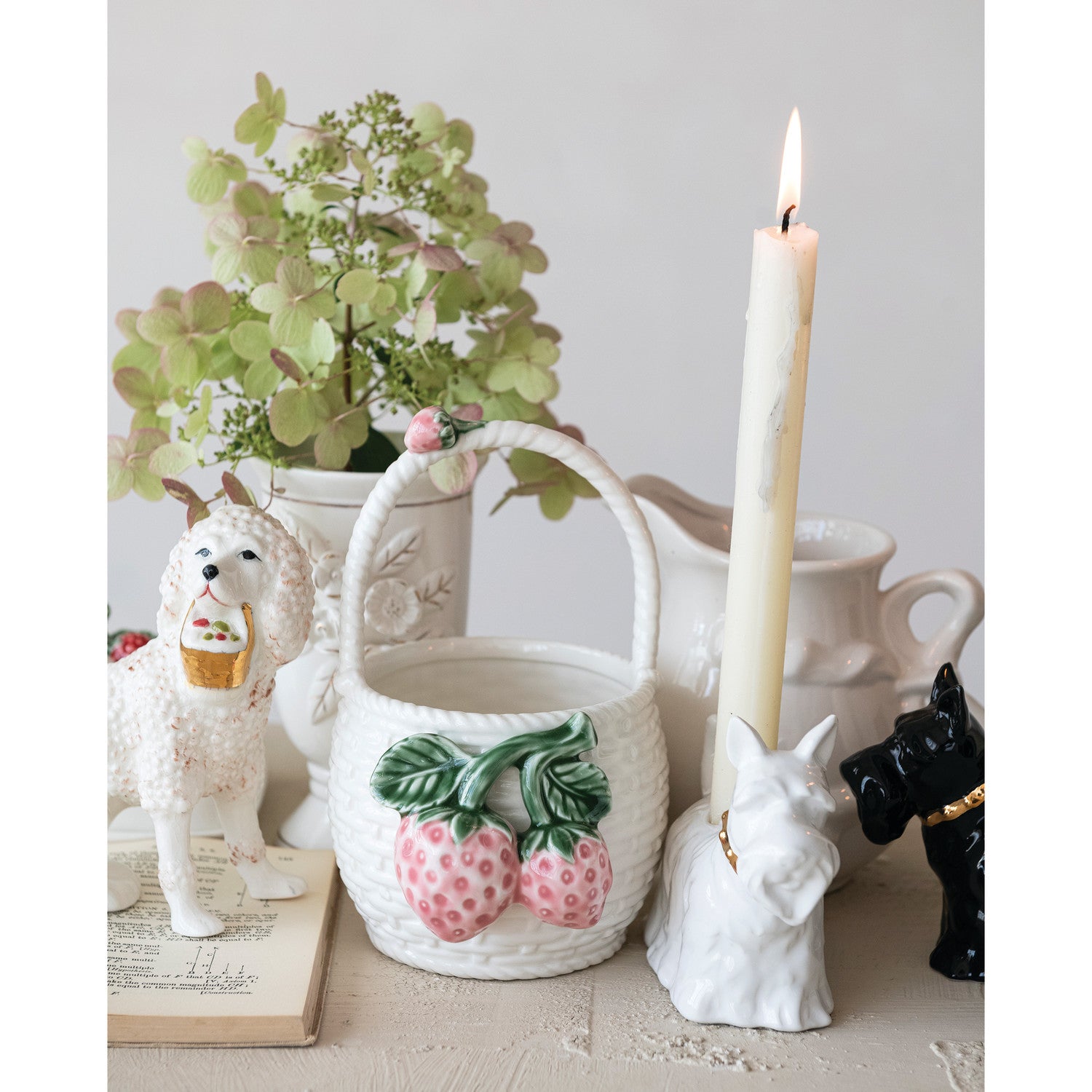 Stoneware Basket Shaped Container with 3D Strawberries & Handle, White, Green & Pink