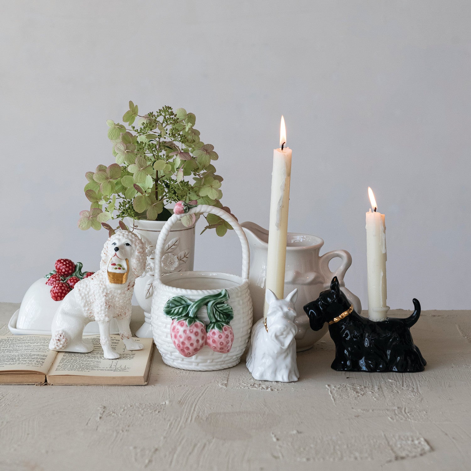 Stoneware Basket Shaped Container with 3D Strawberries & Handle, White, Green & Pink
