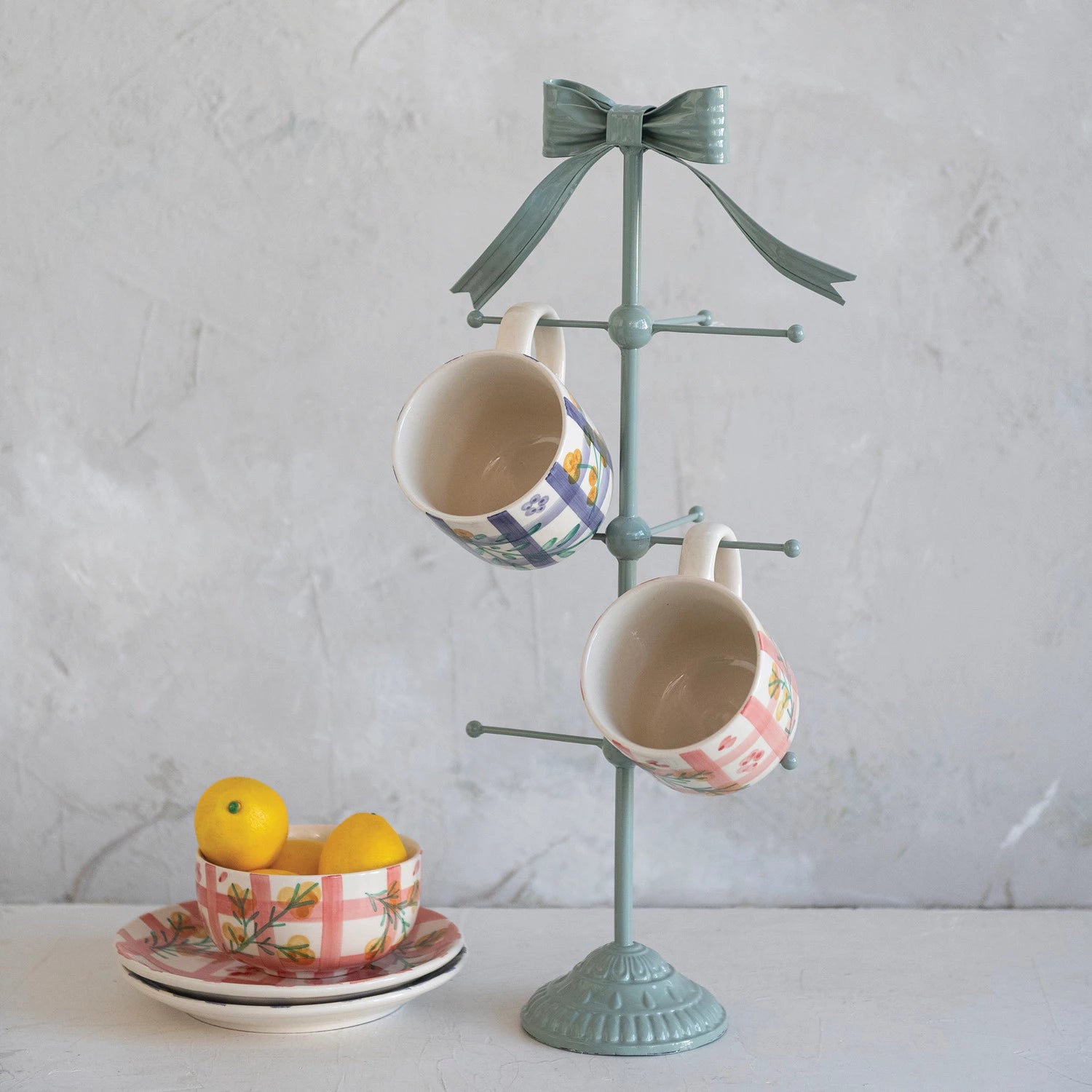 Metal Mug Rack with Bow, Eucalyptus Color