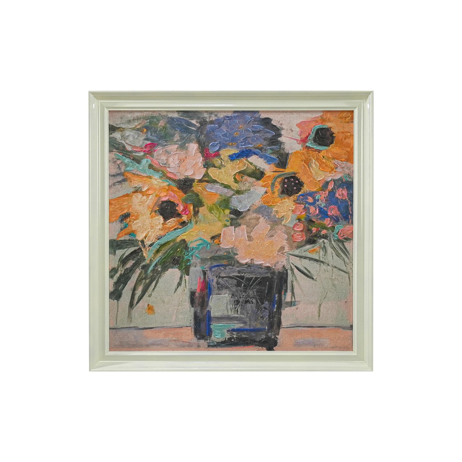 Wood Framed Canvas Wall Decor with Hand-Painted Flowers in Vase