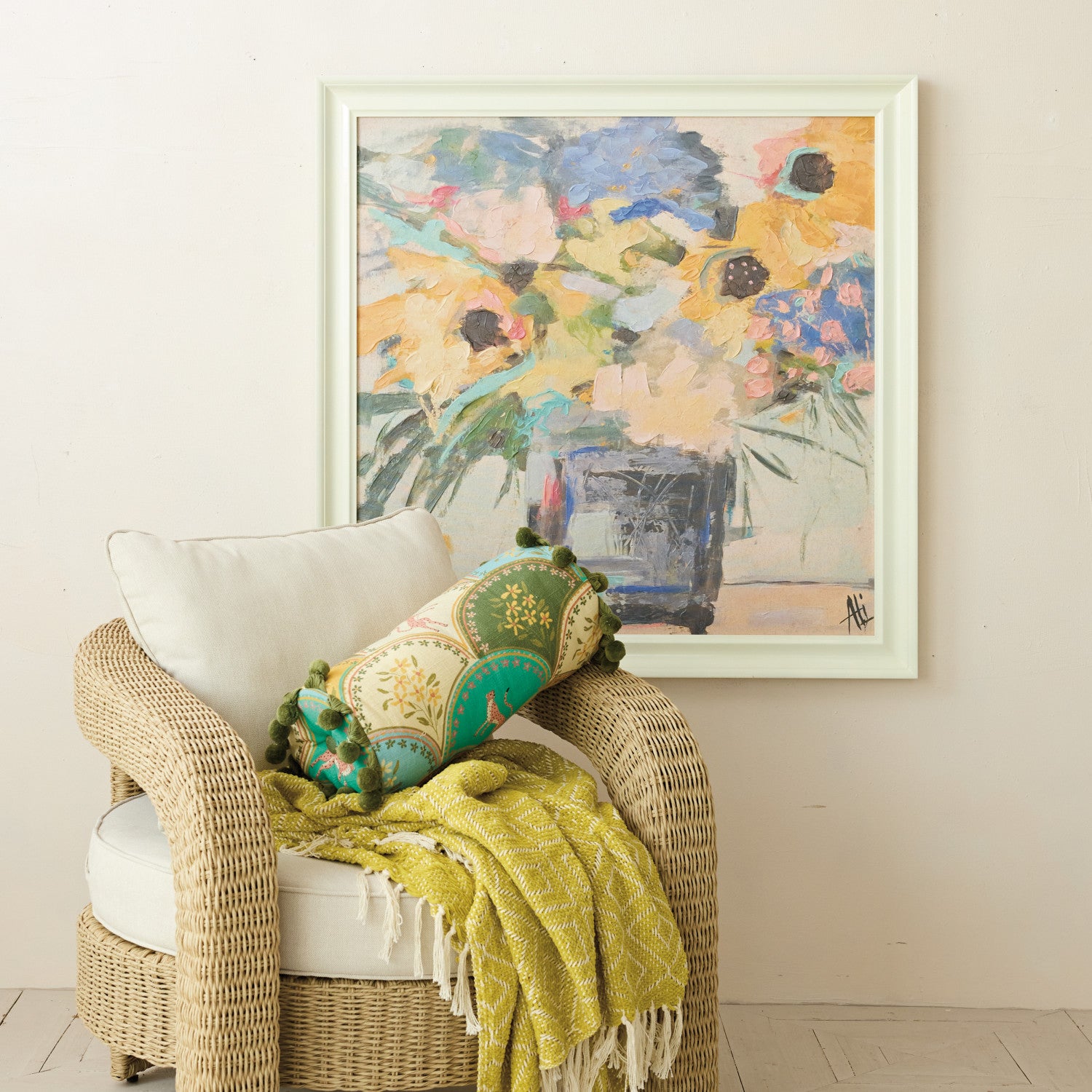 Wood Framed Canvas Wall Decor with Hand-Painted Flowers in Vase