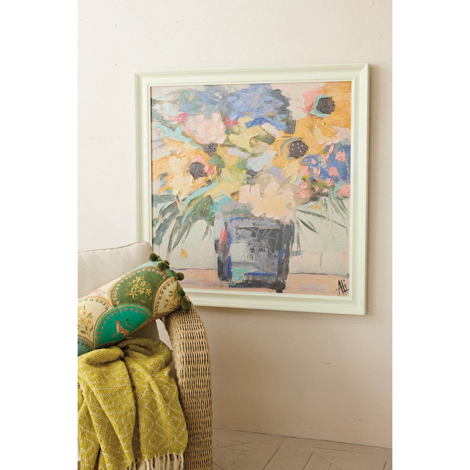 Wood Framed Canvas Wall Decor with Hand-Painted Flowers in Vase