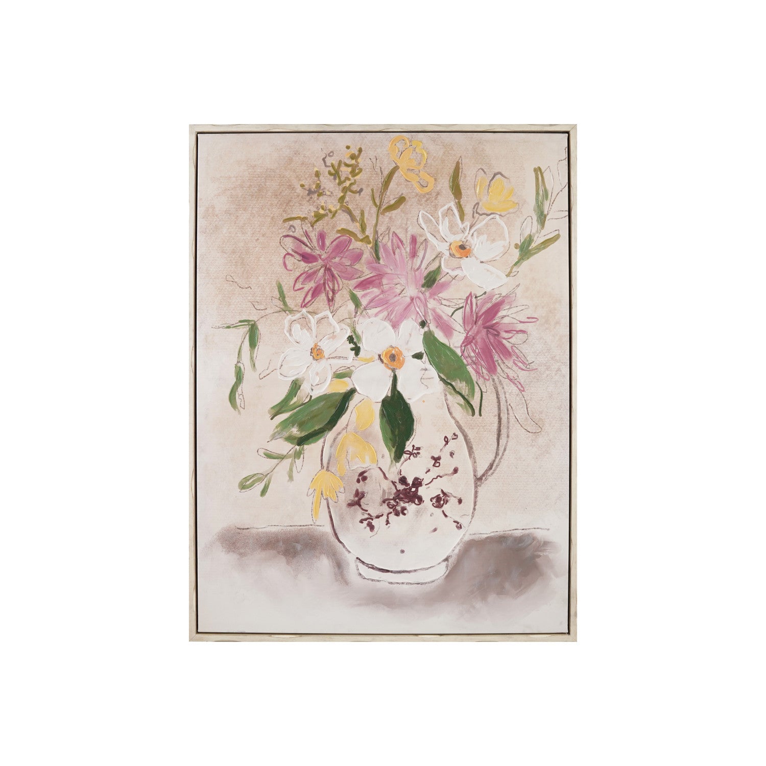Hand-Painted Wood Framed Canvas Wall Decor with Flowers in Vase ©