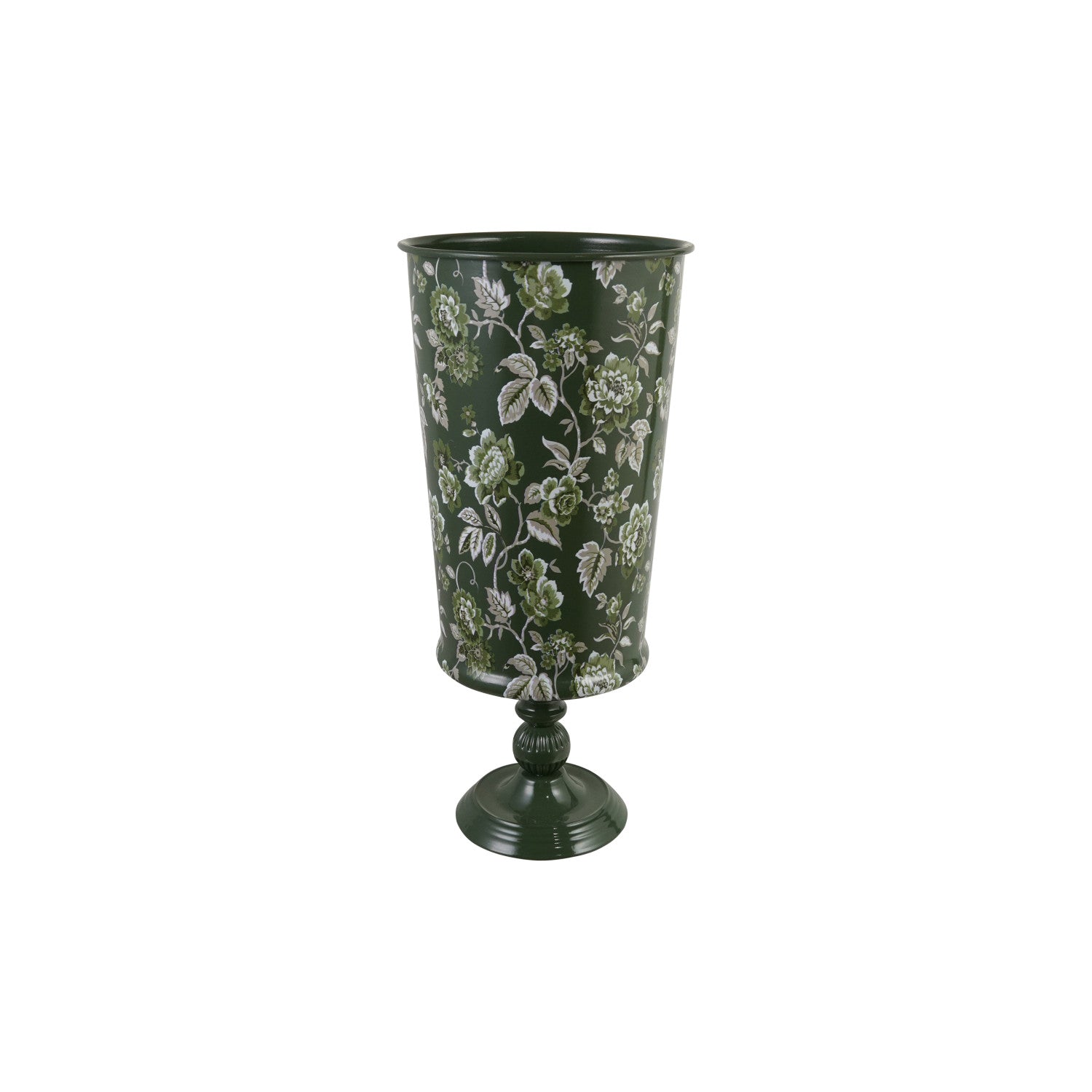 Metal Footed Vase with Floral Pattern, Green, Grey & White