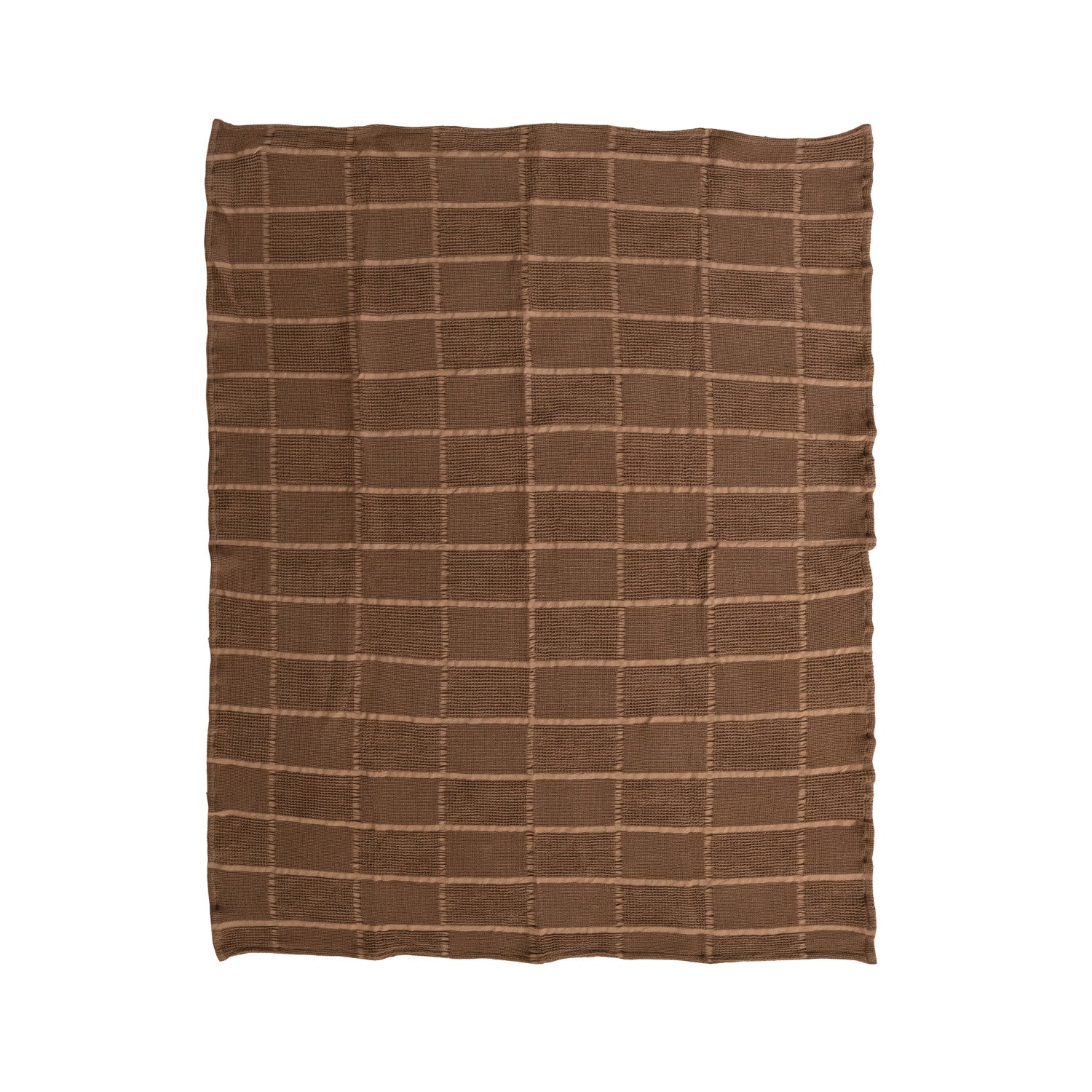 60"L x 50"W Cotton Waffle Weave Throw with Grid Pattern, Brown
