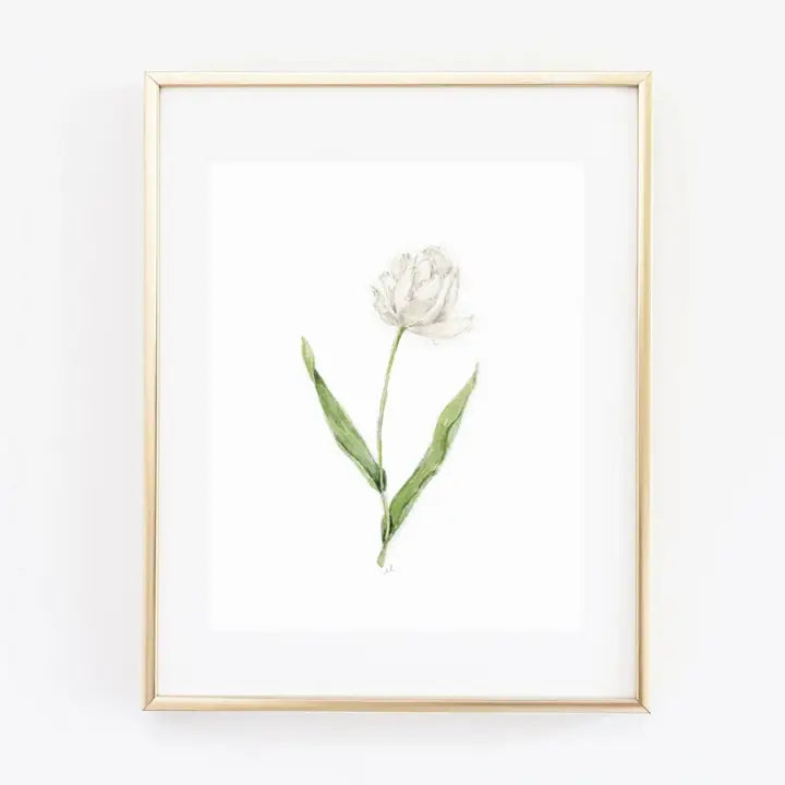 White Tulip Stem Watercolor Wall Art Print