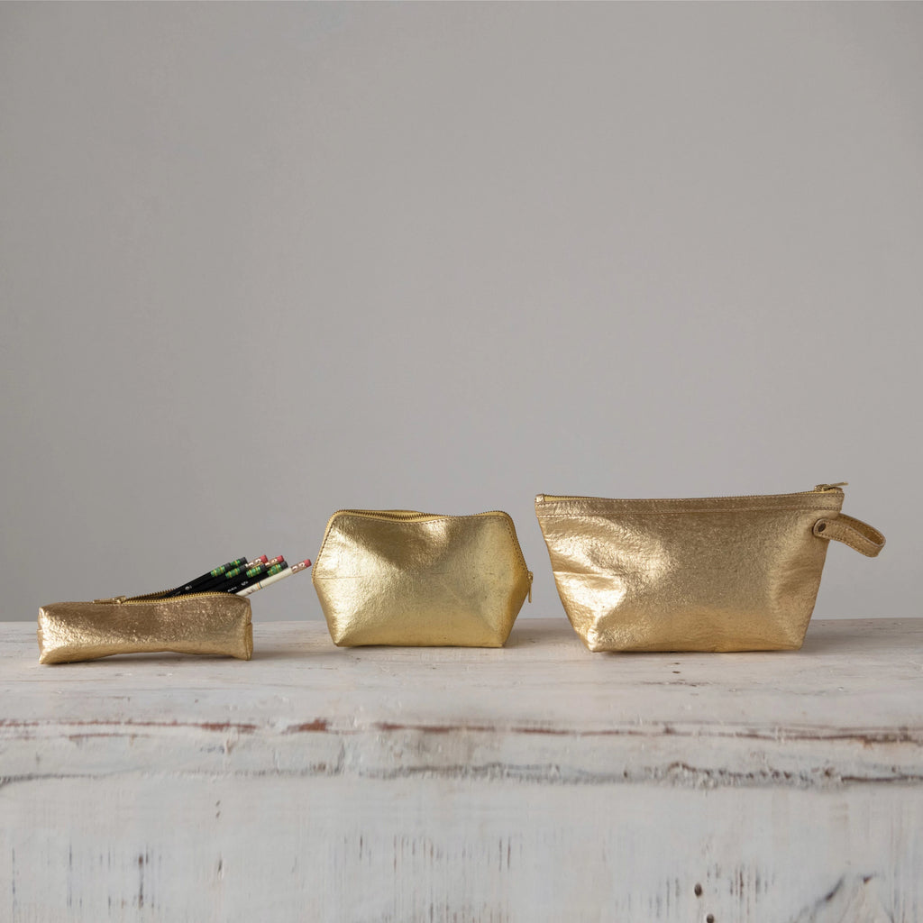 Recycled Leather Gold Zip Pouch