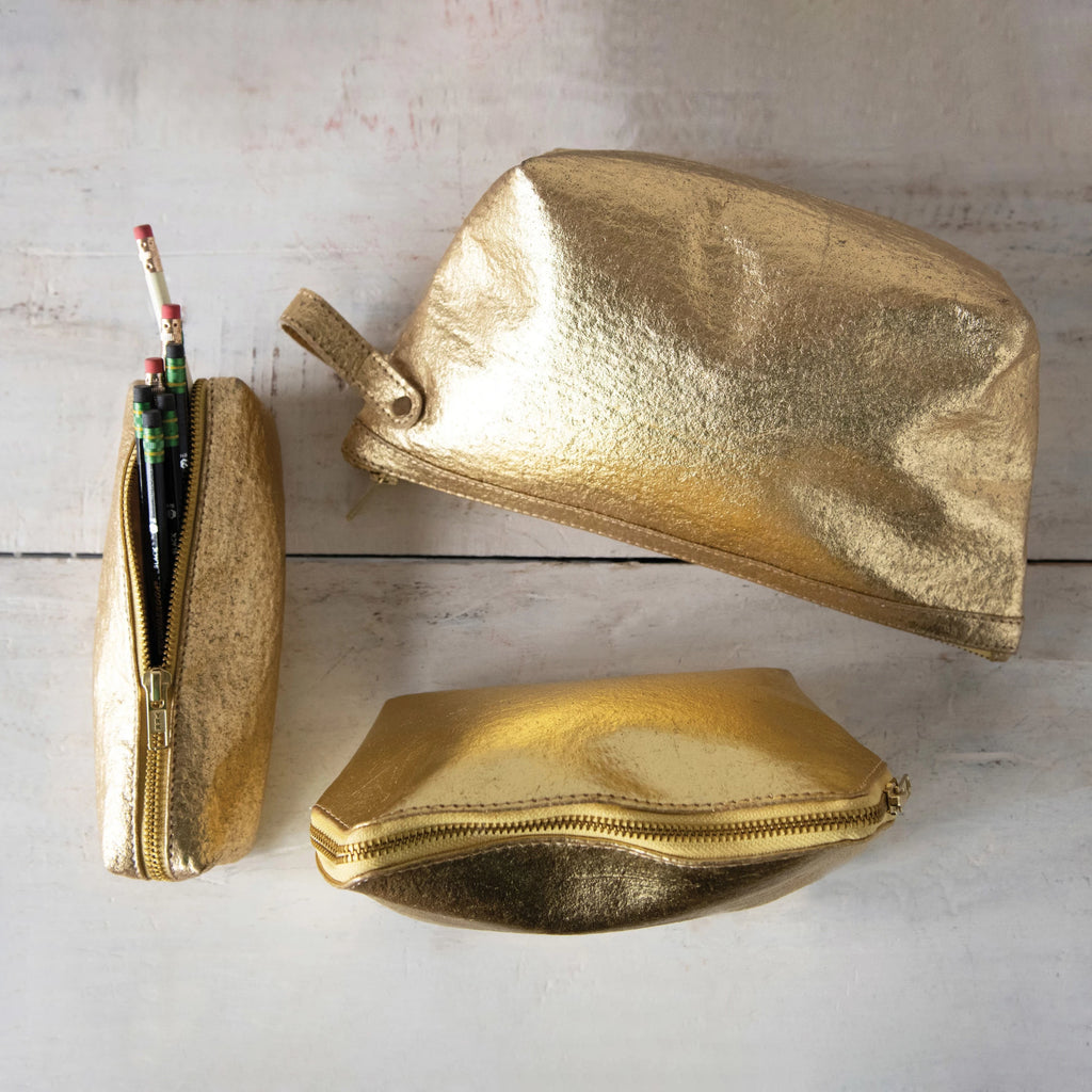 Recycled Leather Gold Zip Pouch