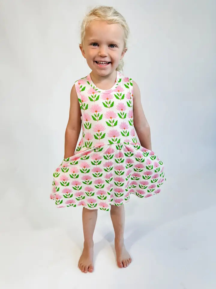 Pink Block Print Flowers - Sleeveless Pocket Dress 2T