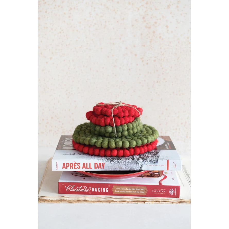 4" Round Handmade Wool Felt Ball Coasters, Red and Green, Set of 4