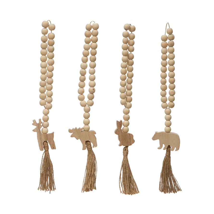Paulownia Wood Beads with Animal Icon and Jute Tassel, White and Natural