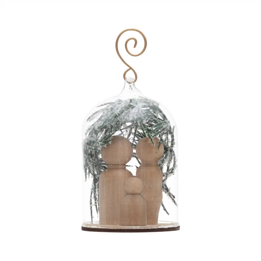 4-1/4"H Glass Cloche Ornament with Holy Family, Faux Pine and Snow