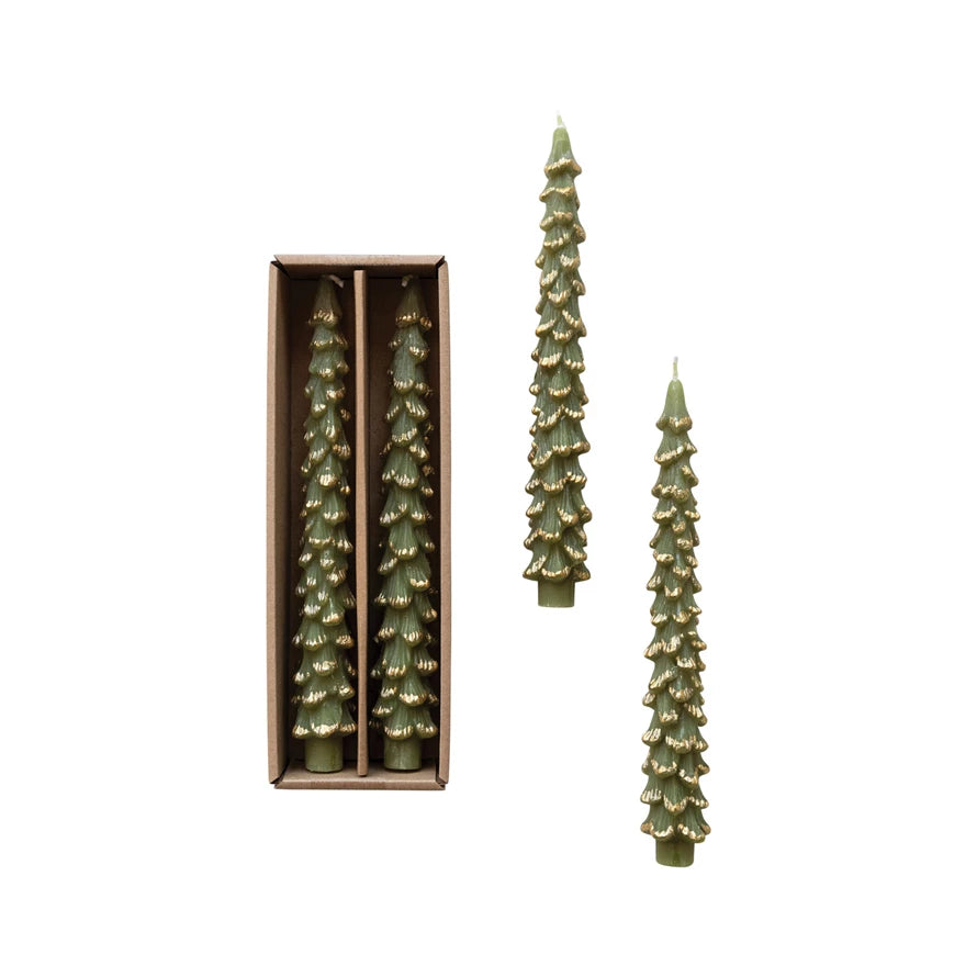 Unscented Tree Shaped Taper Candles with Gold Tips, Evergreen Color, Set of 2