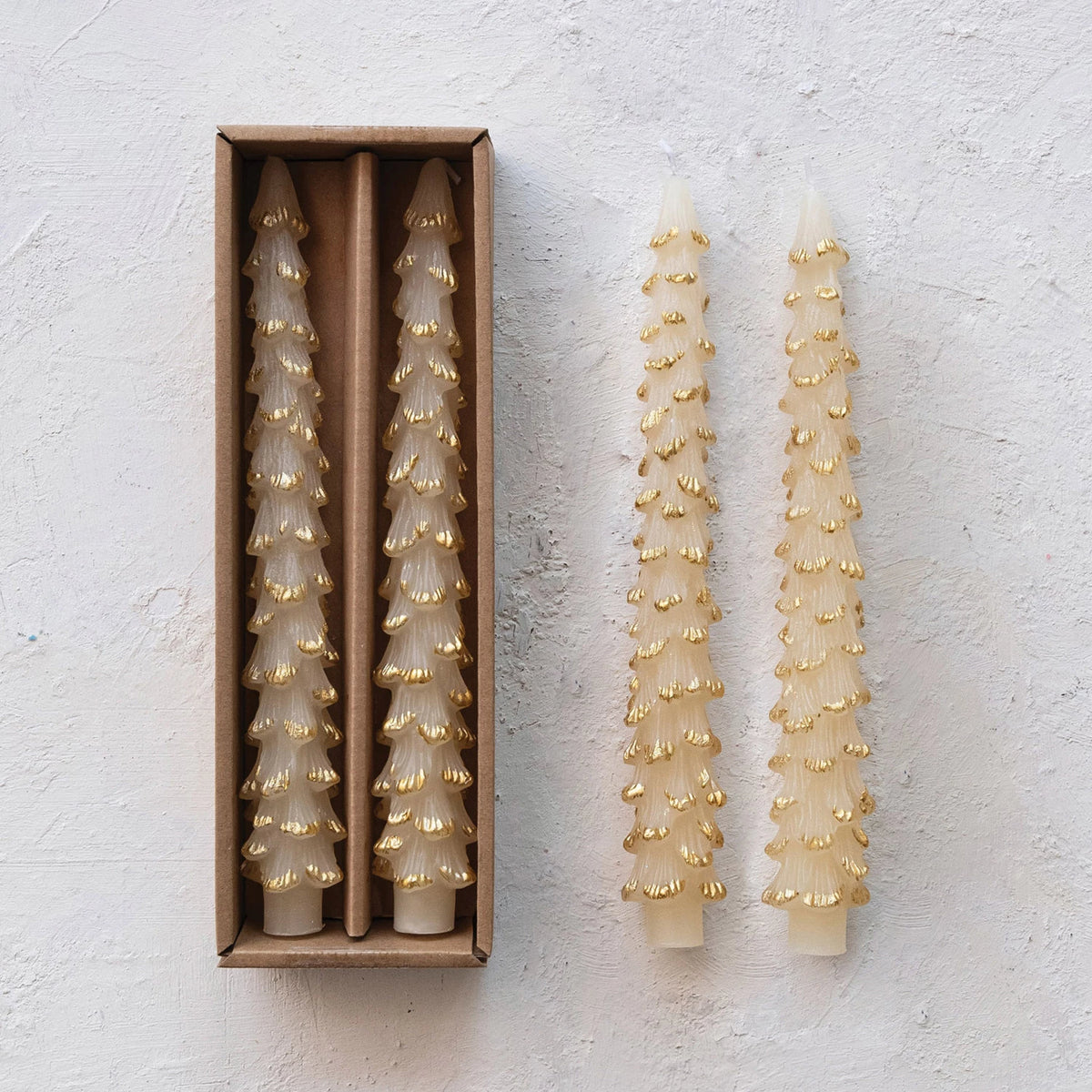 Unscented Tree Shaped Taper Candes in Box, Eggnog Color