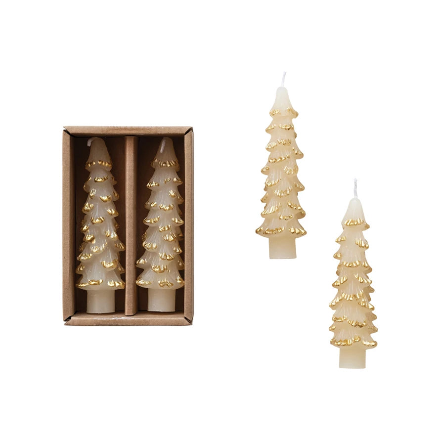 Unscented Tree Shaped Taper Candles with Gold Tips in Box, Eggnog Color