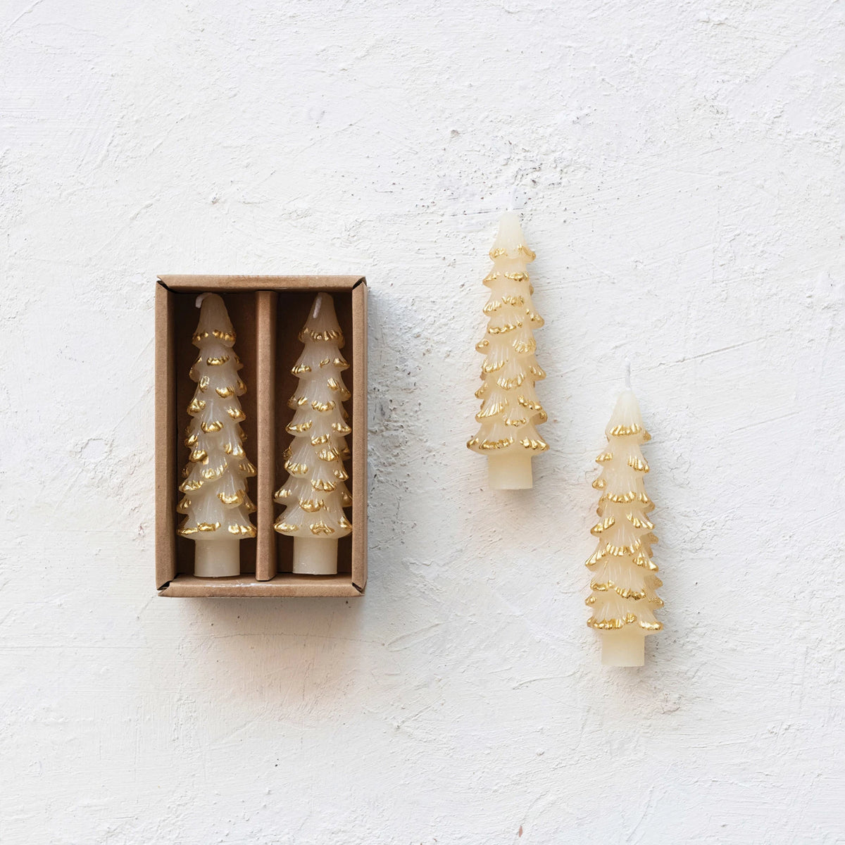 Unscented Tree Shaped Taper Candles with Gold Tips in Box, Eggnog Color