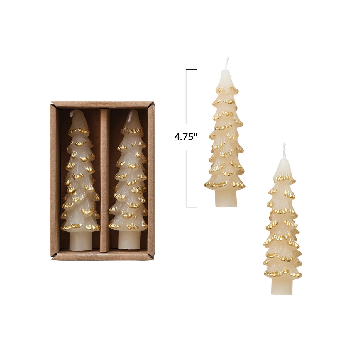 Unscented Tree Shaped Taper Candles with Gold Tips in Box, Eggnog Color