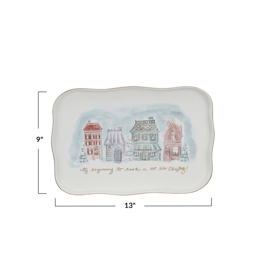Stoneware Platter with Village Christmas Scene & Gold Electroplating
