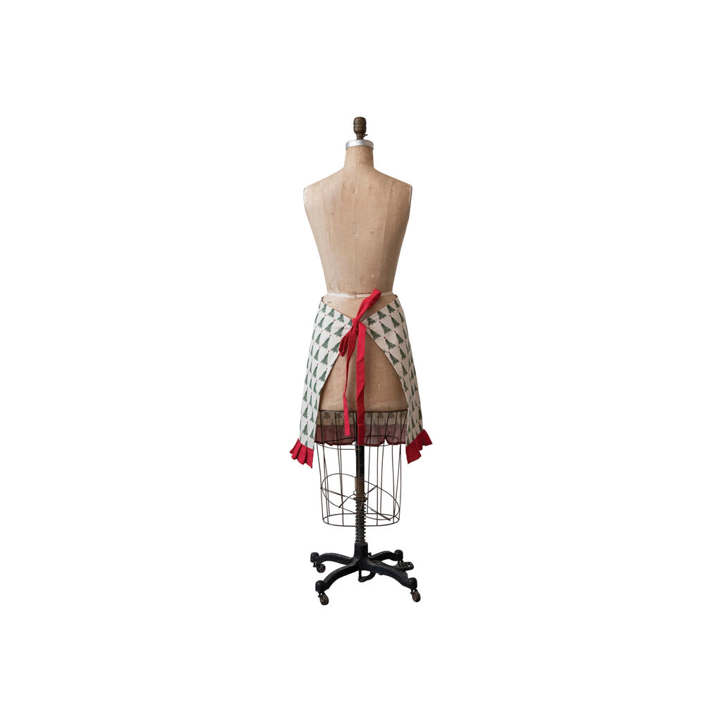 Cotton Printed Half Apron With Christmas Tree Pattern, Pocket & Ruffle