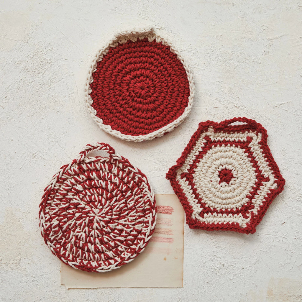 Cotton Crocheted Pot Holder, Red & White