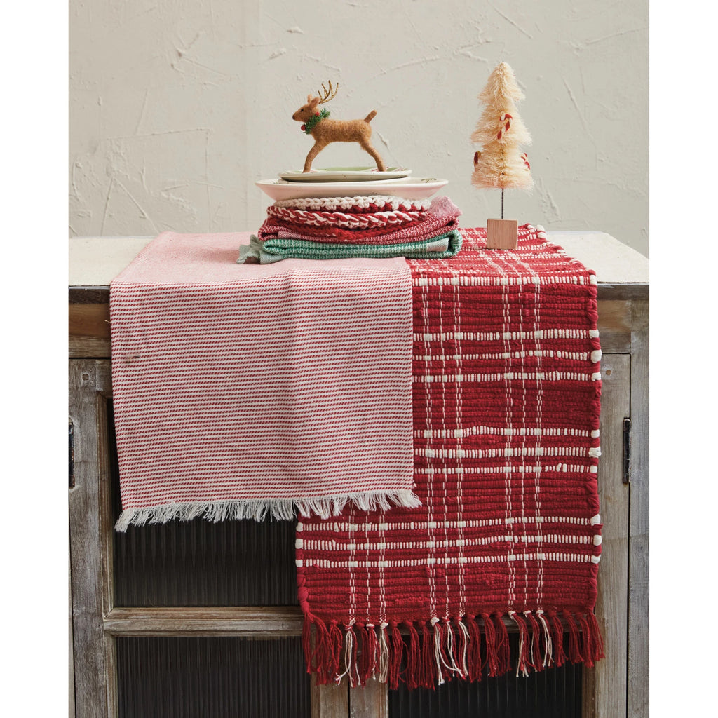 Hand-Woven Cotton Chindi Table Runner With Fringe, Red & White Plaid