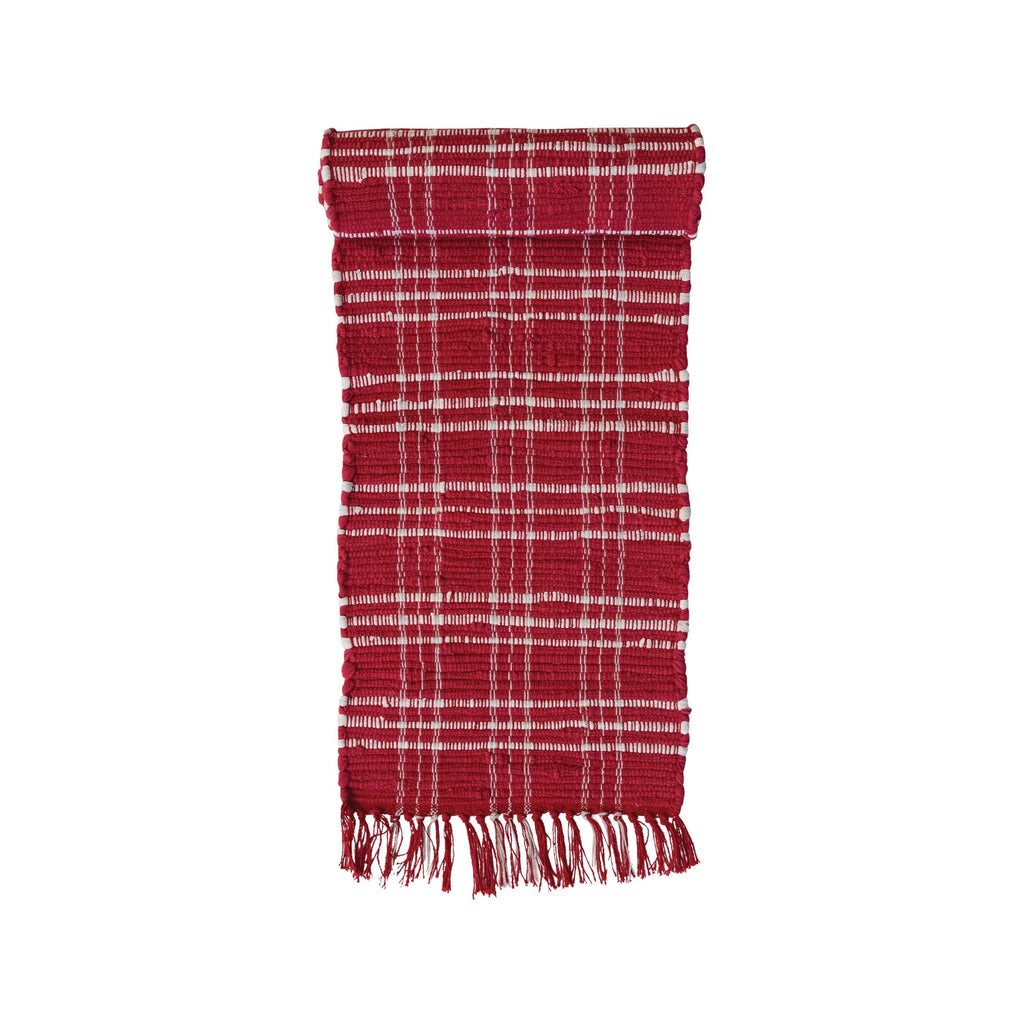 Hand-Woven Cotton Chindi Table Runner With Fringe, Red & White Plaid