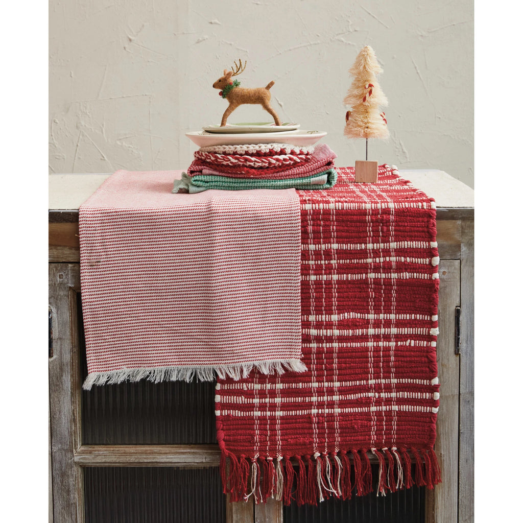 Woven Cotton Table Runner With Stripes & Fringe, Red & White