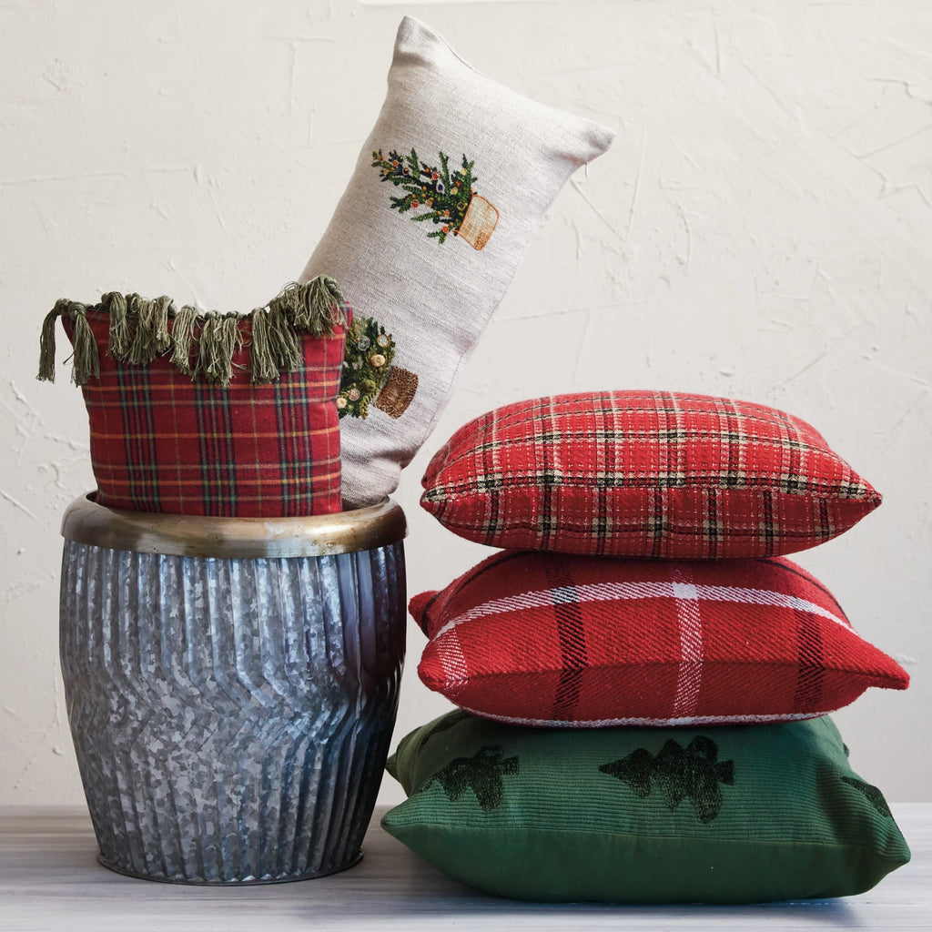 Cotton Plaid Lumbar Pillow With Tassels, Multi Color