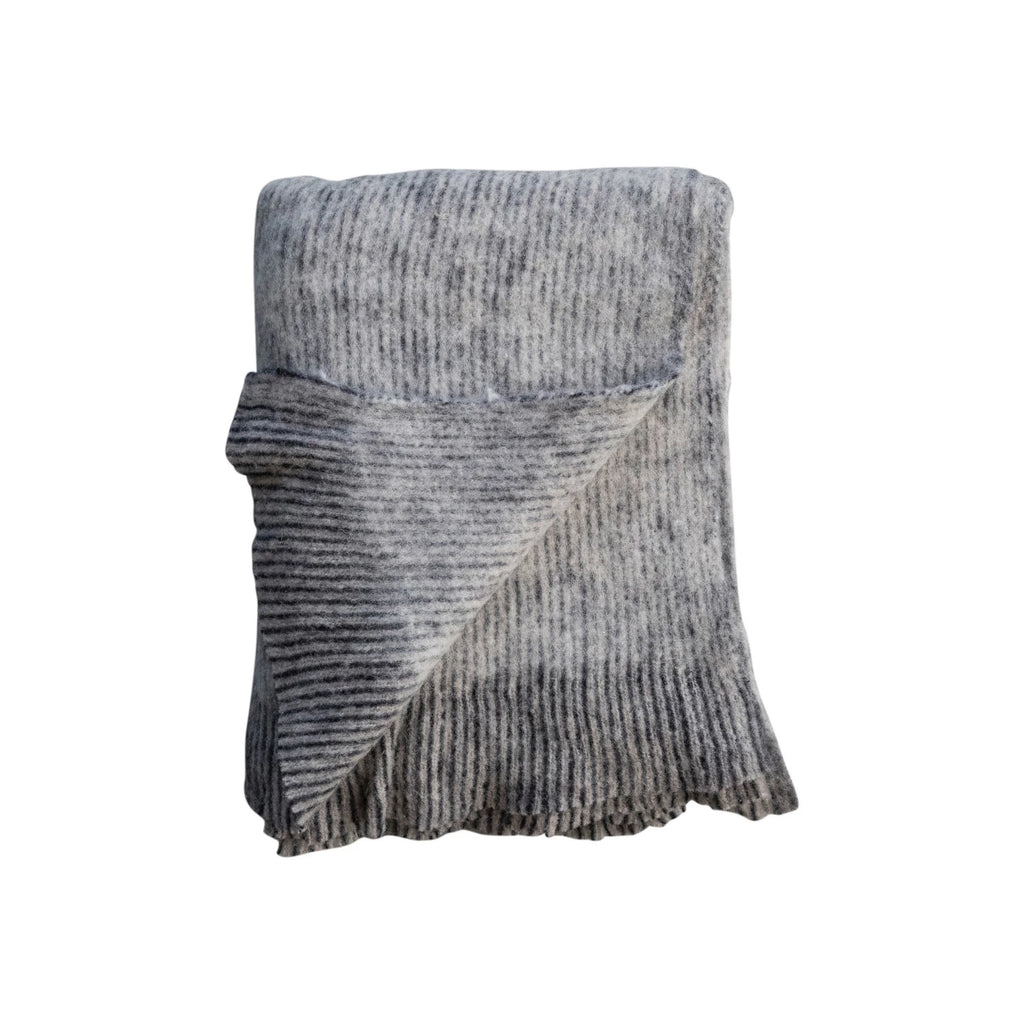 Brushed New Zealand Wool Striped Throw With Ruffled Edge, Grey