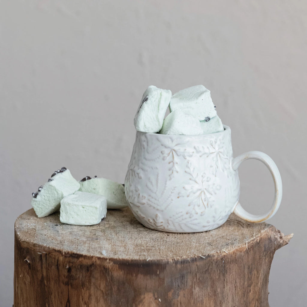 Embossed Stoneware Mug with Snowflakes, Reactive Glaze