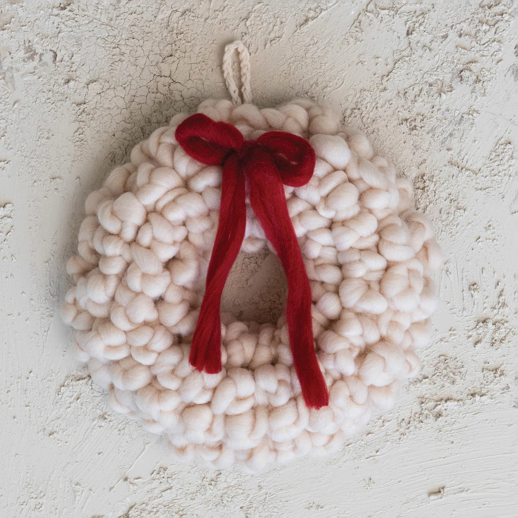 Wool Wreath With Red Bow, Cream Color