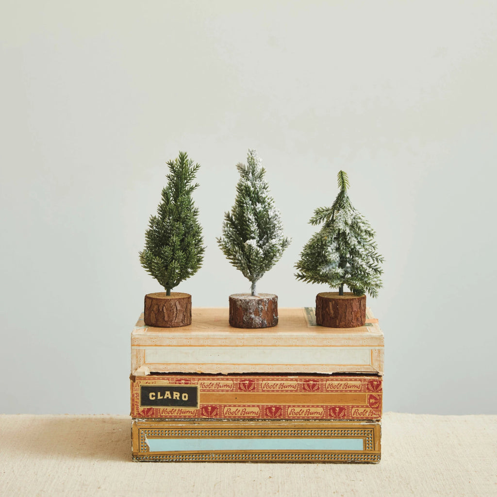 Faux Fir Tree with Wood Base, Snow Finish