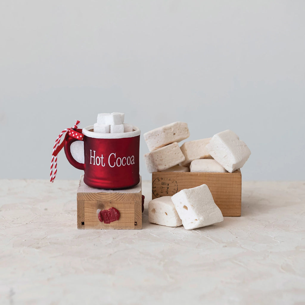 Glass Hot Cocoa Mug Ornament With Polka Dot Ribbon "Hot Cocoa", Red & White